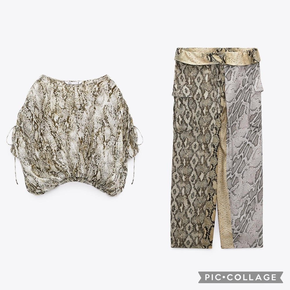Zara Snake-Print Wide Leg Pants in Beige and Taupe